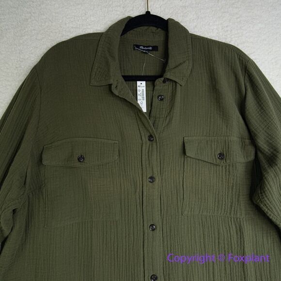 New! Madewell Lightspun Flap Pocket Oversized Ex-Boyfriend Shirt  green, size 1X - Picture 14 of 16